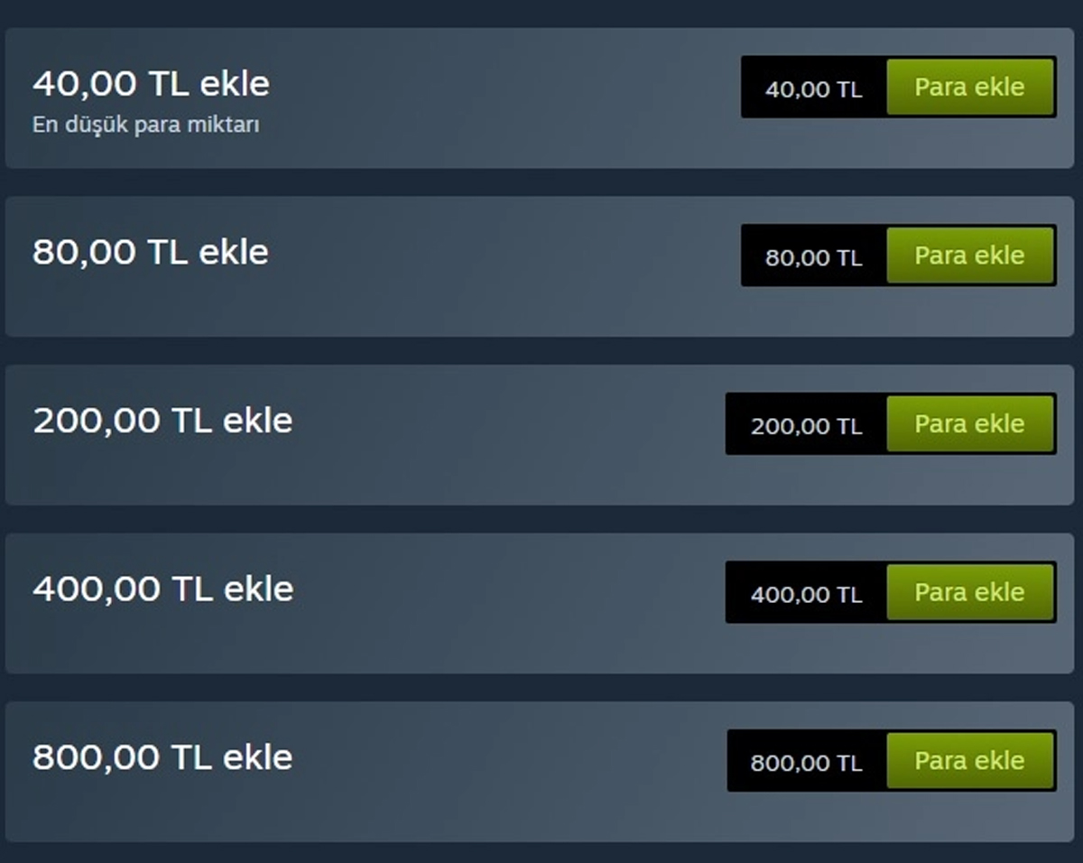 Steam Cüzdana Para Ekleme Miktarları